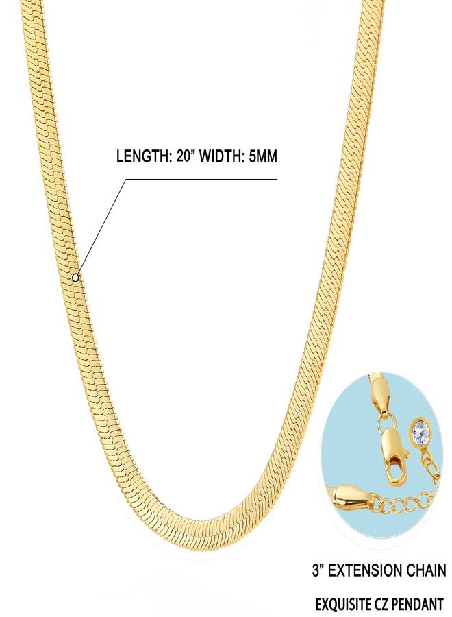 Fiusem Herringbone Necklace for Women, 14K Gold Plated Flat Snake Chain, Choker Necklace for Women, Width 5mm Length 20 In - Image 4